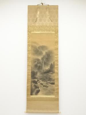 渓雲筆　水墨山水　肉筆絹本掛軸（共箱）